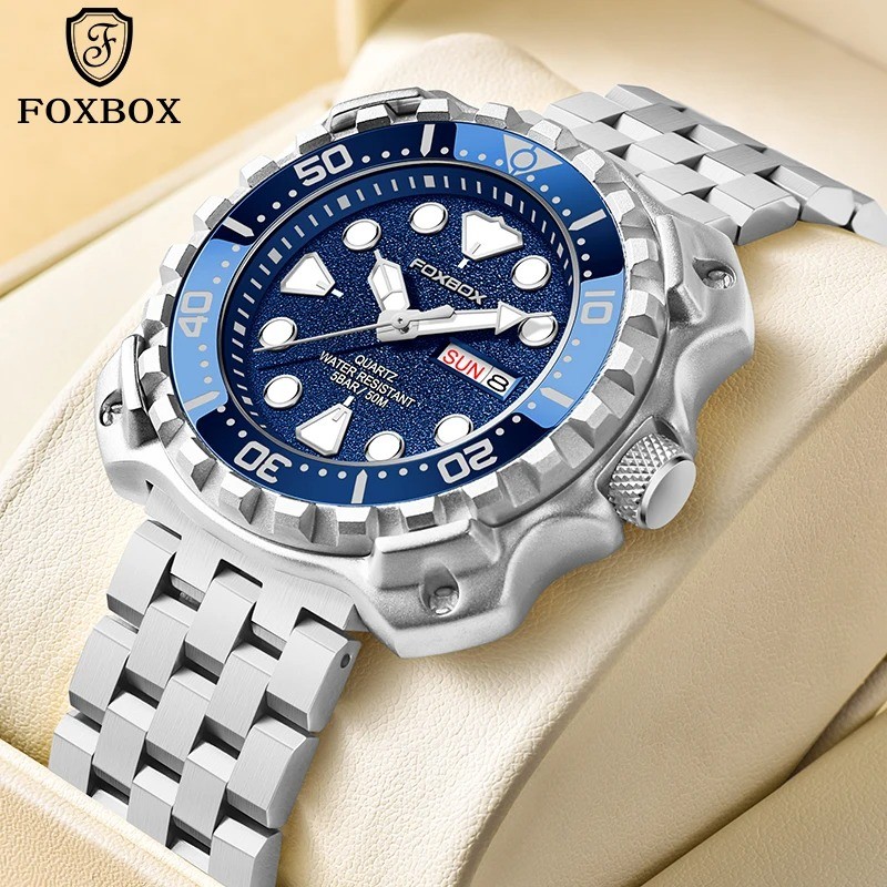 FOXBOX Luxury Luminous Men’s Watch – Waterproof Sport Calendar-Silver Blue