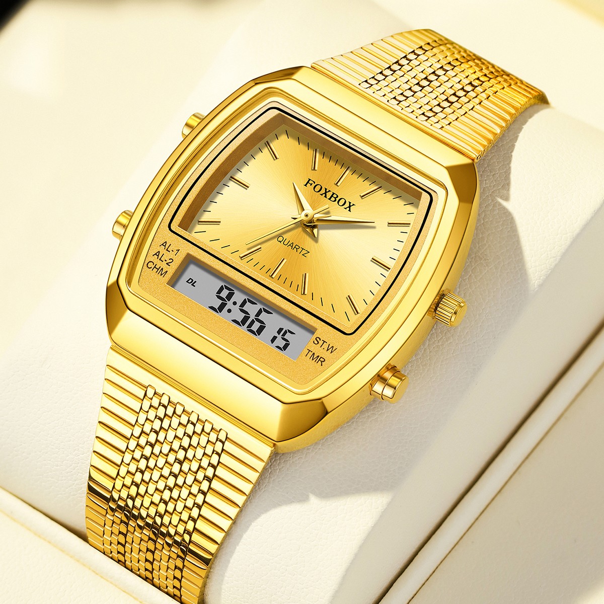 FOXBOX FB0097 Gold Watch Dual Digital Time Zone Square Wristwatch