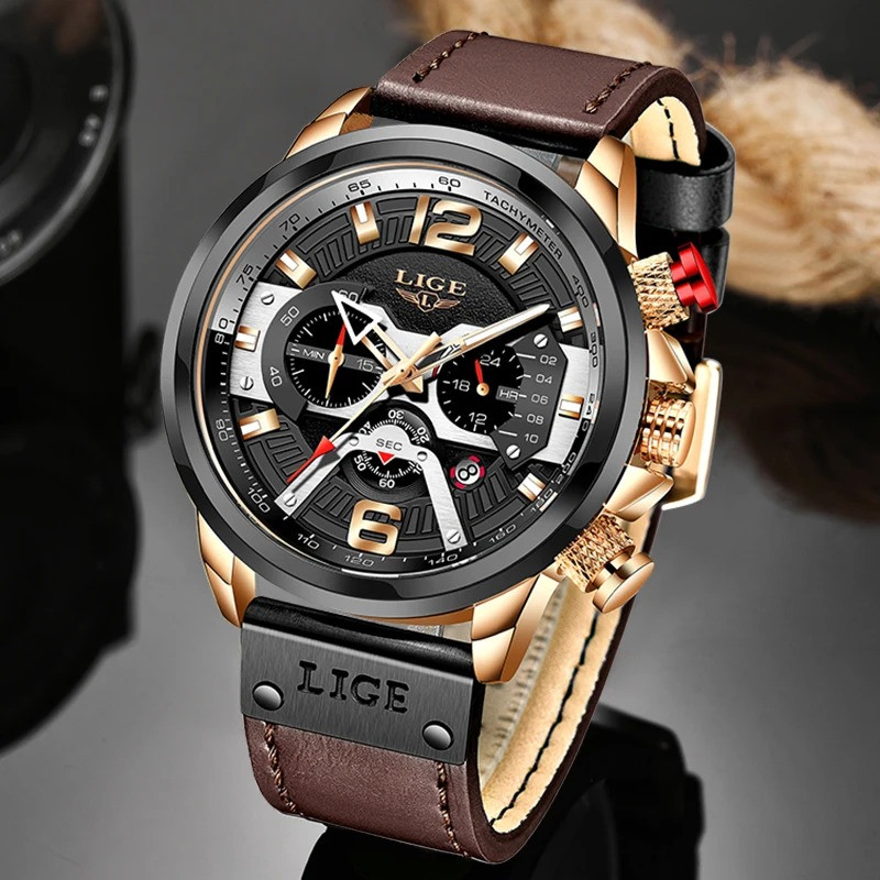 LIGE 8917 Watch For Men Sport Luxury Brand Chronograph Military Genuine Leather Waterproof Wristwatches