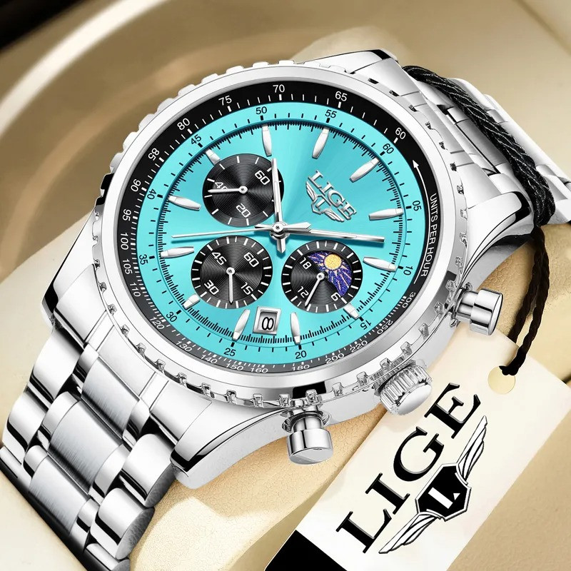 LIGE 8989 Fashion Men Watch Stainless Steel Top Brand Luxury Sport Chronograph Quartz Wrist Watches for Men Relogio Masculino+Box