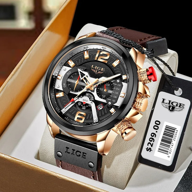 LIGE 8917 Top Brand Leather Chronograph Waterproof Sport Automatic Date Quartz Watch For Men Relogio Masculino