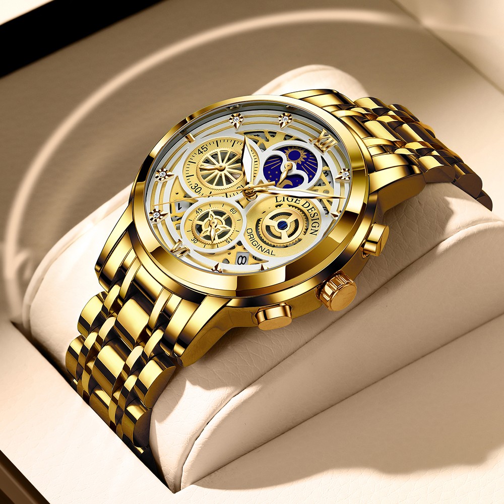 LIGE 8942 Mens Watches Top Brand Luxury Skeleton Quartz Wristwatch Fashion Business Stainless Gold Watch